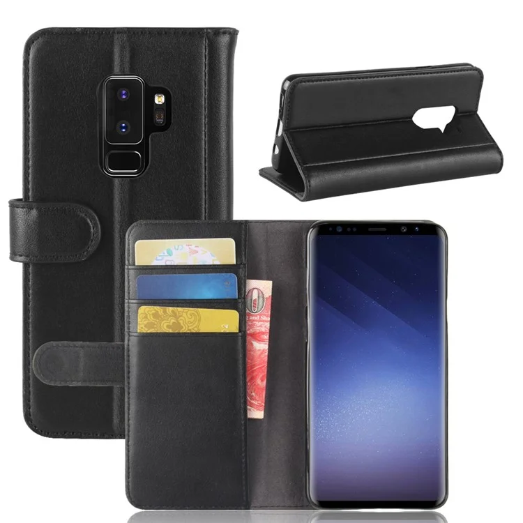 For Samsung Galaxy S9 G960 Phone Cases Genuine Split Leather Wallet Mobile Cover Stand - Black-Cellmalls