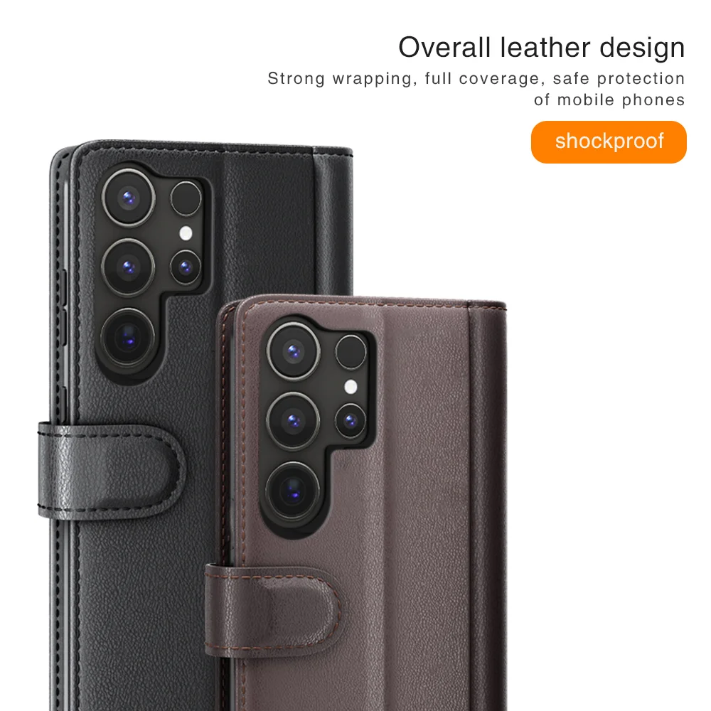 For Samsung Galaxy S25 Ultra Case Genuine Split Leather Phone Cover with Wallet Stand - Brown-Cellmalls