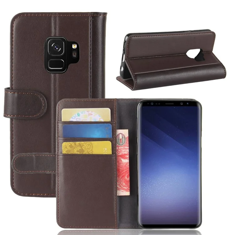 For Samsung Galaxy S9 G960 Phone Cases Genuine Split Leather Wallet Mobile Cover Stand - Black-Cellmalls