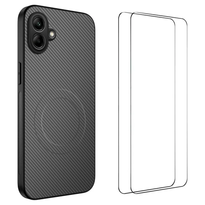 WANLONFENG TQ1 Series For Samsung Galaxy A07 4G Magnetic Case Carbon Fiber Texture PC TPU Phone Cover with 2Pcs Screen Films - Black-Cellmalls