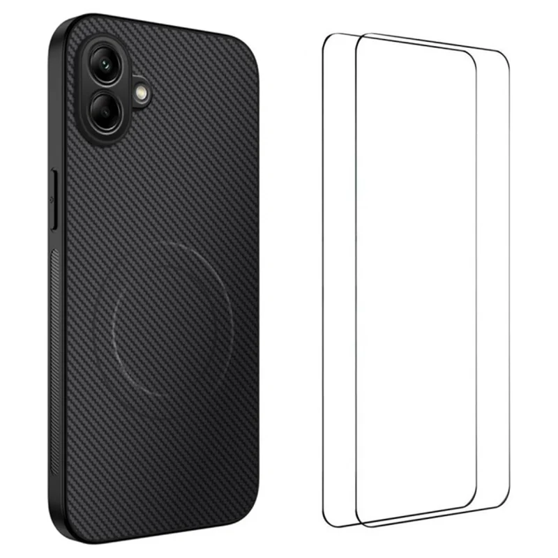 WANLONFENG TQ1 Series For Samsung Galaxy A07 4G Magnetic Case Carbon Fiber Texture PC TPU Phone Cover with 2Pcs Screen Films - Black-Cellmalls