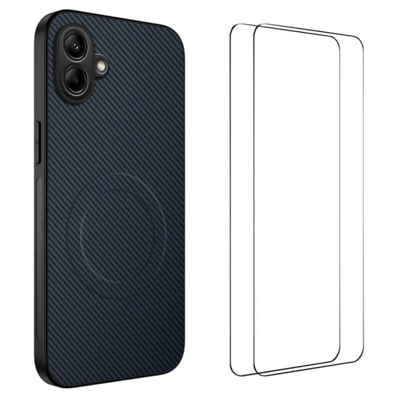 WANLONFENG TQ1 Series For Samsung Galaxy A07 4G Magnetic Case Carbon Fiber Texture PC TPU Phone Cover with 2Pcs Screen Films - Black-Cellmalls