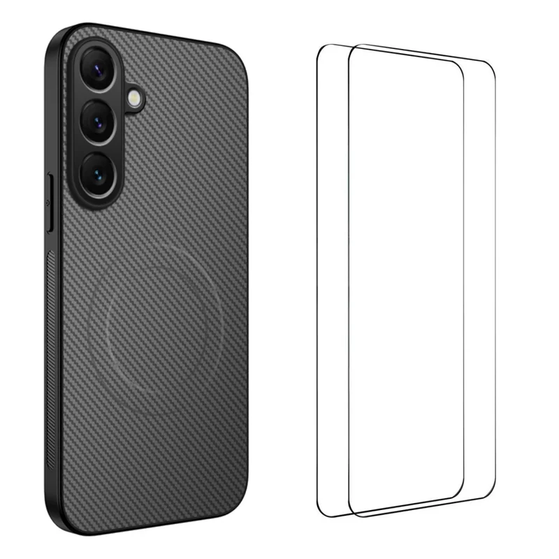 For Samsung Galaxy A55 5G Magnetic Case WANLONFENG TQ1 Series Carbon Fiber Texture PC TPU Phone Cover with 2Pcs Screen Films - Black-Cellmalls