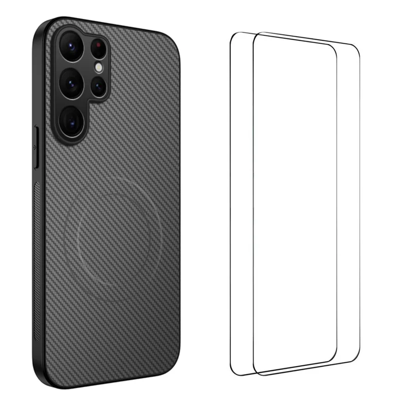For Samsung Galaxy S24 Ultra Magnetic Case WANLONFENG TQ1 Series Carbon Fiber Texture PC TPU Phone Cover with 2Pcs Screen Films - Black-Cellmalls