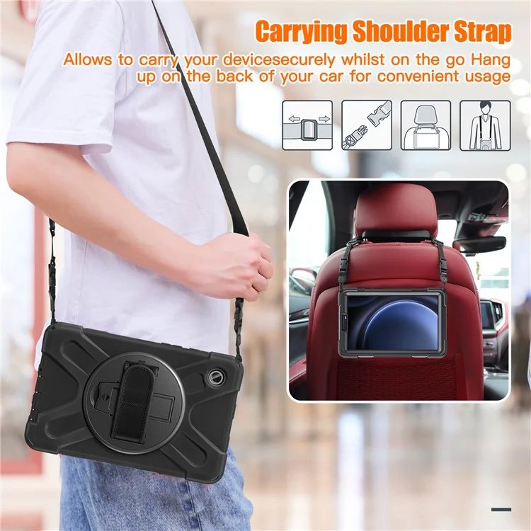 For Samsung Galaxy Tab A9 Tablet Case Kickstand PC+Silicone Cover with Hand Band / Shoulder Strap - Black-Cellmalls