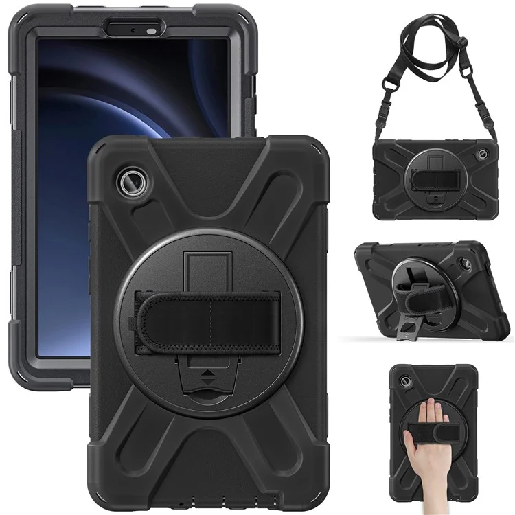 For Samsung Galaxy Tab A9 Tablet Case Kickstand PC+Silicone Cover with Hand Band / Shoulder Strap - Black-Cellmalls