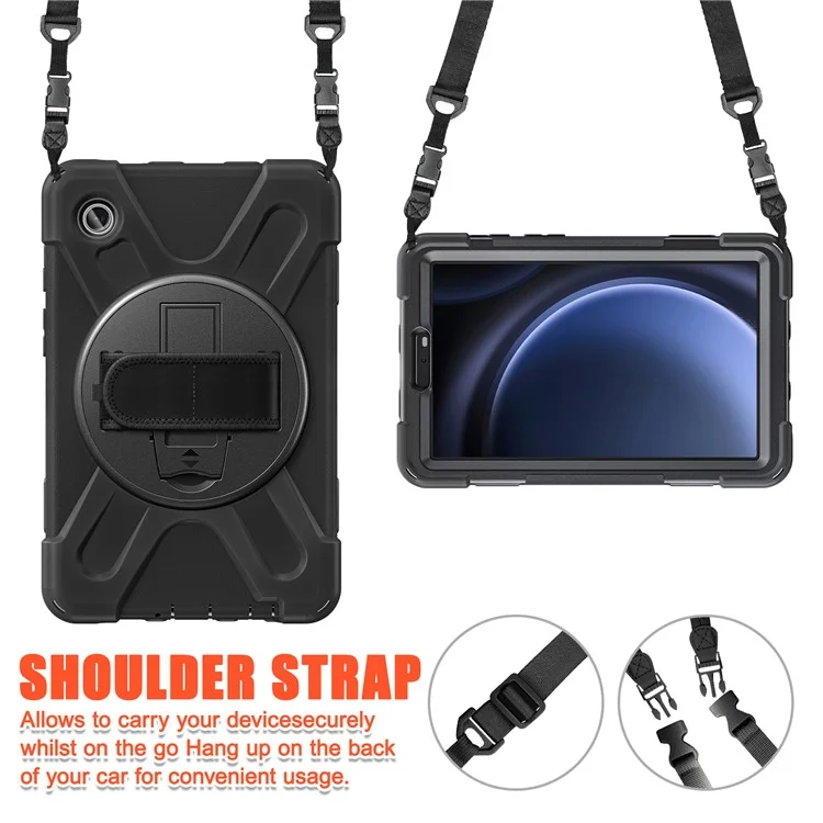 For Samsung Galaxy Tab A9 Tablet Case Kickstand PC+Silicone Cover with Hand Band / Shoulder Strap - Black-Cellmalls