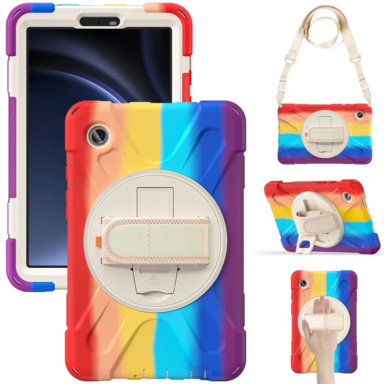 For Samsung Galaxy Tab A9 Tablet Case Kickstand PC+Silicone Cover with Hand Band / Shoulder Strap - Black-Cellmalls