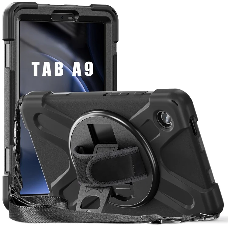 For Samsung Galaxy Tab A9 Tablet Case Kickstand PC+Silicone Cover with Hand Band / Shoulder Strap - Black-Cellmalls