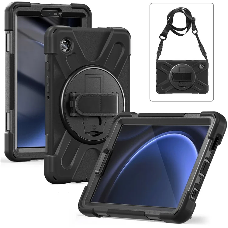 For Samsung Galaxy Tab A9 Tablet Case Kickstand PC+Silicone Cover with Hand Band / Shoulder Strap - Black-Cellmalls