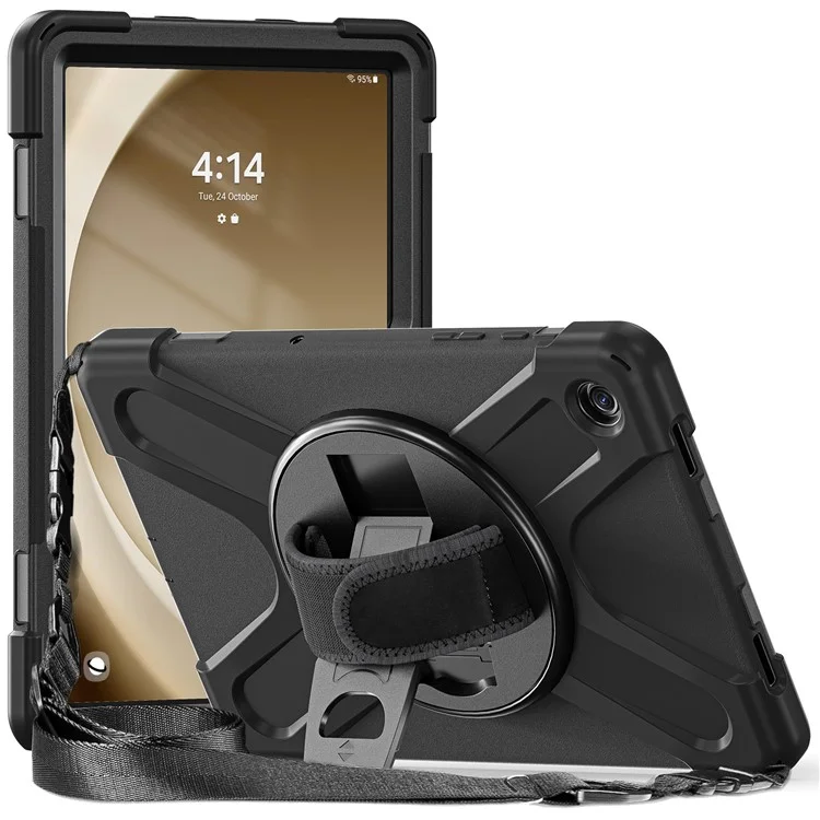For Samsung Galaxy Tab A9+ Case PC+Silicone Kickstand Tablet Cover with Hand Band / Shoulder Strap - Black-Cellmalls