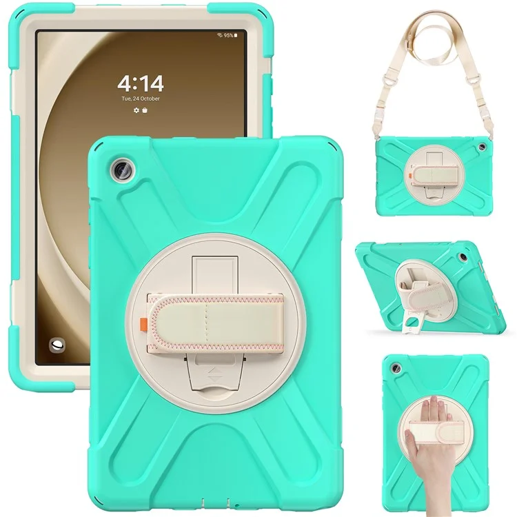 For Samsung Galaxy Tab A9+ Case PC+Silicone Kickstand Tablet Cover with Hand Band / Shoulder Strap - Black-Cellmalls