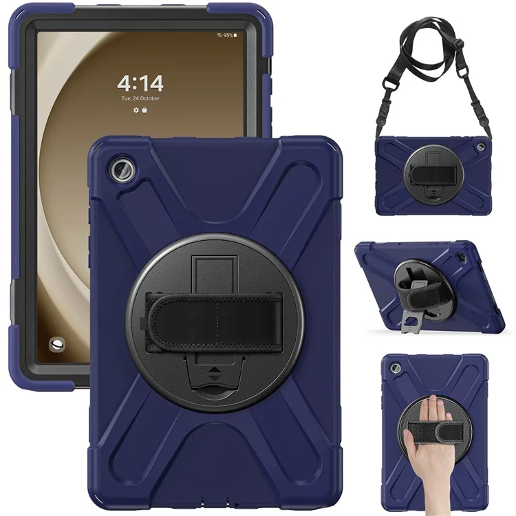 For Samsung Galaxy Tab A9+ Case PC+Silicone Kickstand Tablet Cover with Hand Band / Shoulder Strap - Black-Cellmalls