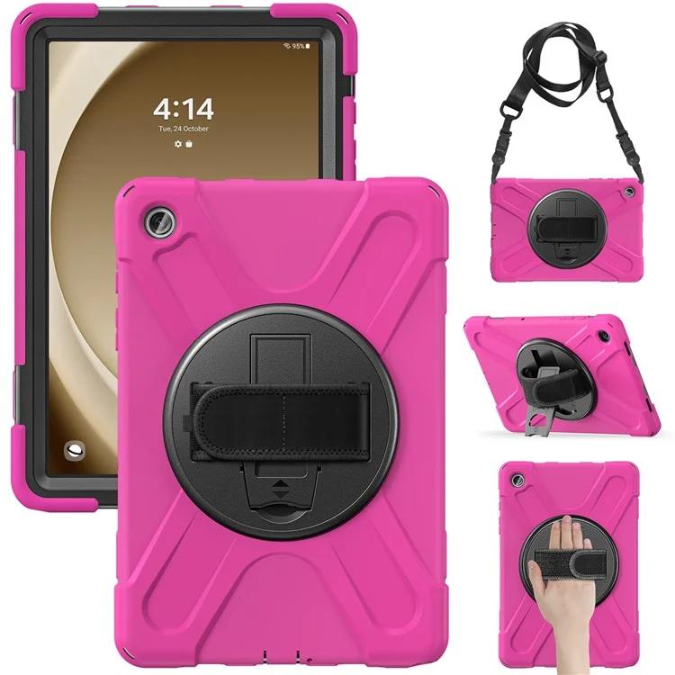 For Samsung Galaxy Tab A9+ Case PC+Silicone Kickstand Tablet Cover with Hand Band / Shoulder Strap - Black-Cellmalls