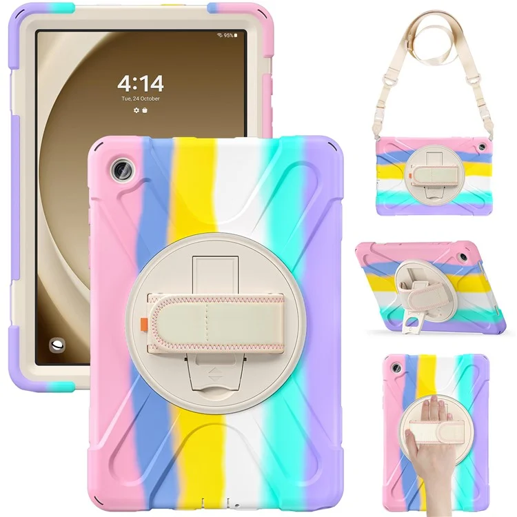 For Samsung Galaxy Tab A9+ Case PC+Silicone Kickstand Tablet Cover with Hand Band / Shoulder Strap - Black-Cellmalls