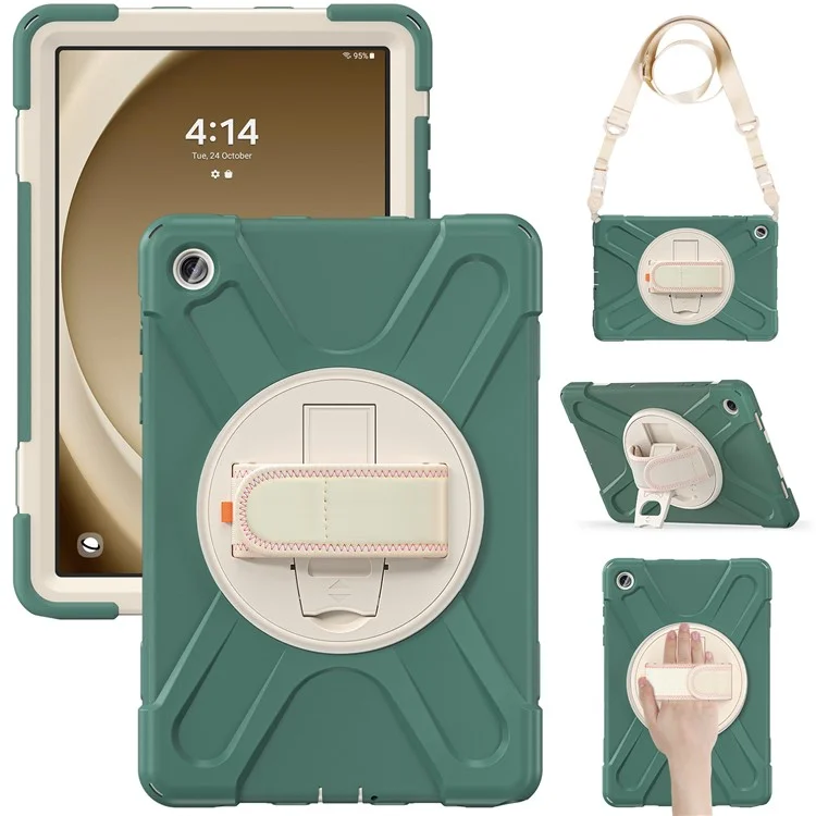 For Samsung Galaxy Tab A9+ Case PC+Silicone Kickstand Tablet Cover with Hand Band / Shoulder Strap - Black-Cellmalls