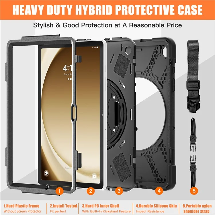For Samsung Galaxy Tab A9+ Case PC+Silicone Kickstand Tablet Cover with Hand Band / Shoulder Strap - Black-Cellmalls