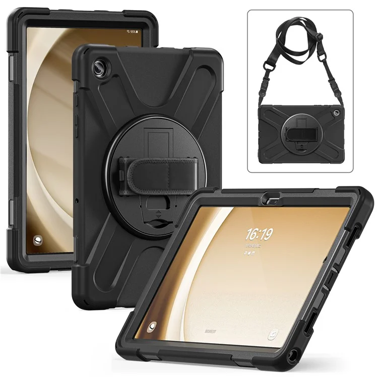 For Samsung Galaxy Tab A9+ Case PC+Silicone Kickstand Tablet Cover with Hand Band / Shoulder Strap - Black-Cellmalls