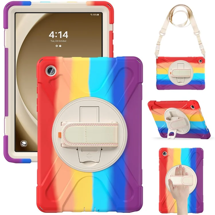 For Samsung Galaxy Tab A9+ Case PC+Silicone Kickstand Tablet Cover with Hand Band / Shoulder Strap - Black-Cellmalls