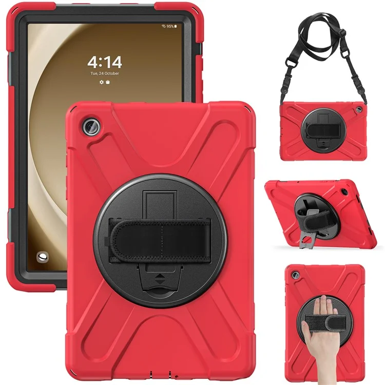 For Samsung Galaxy Tab A9+ Case PC+Silicone Kickstand Tablet Cover with Hand Band / Shoulder Strap - Black-Cellmalls