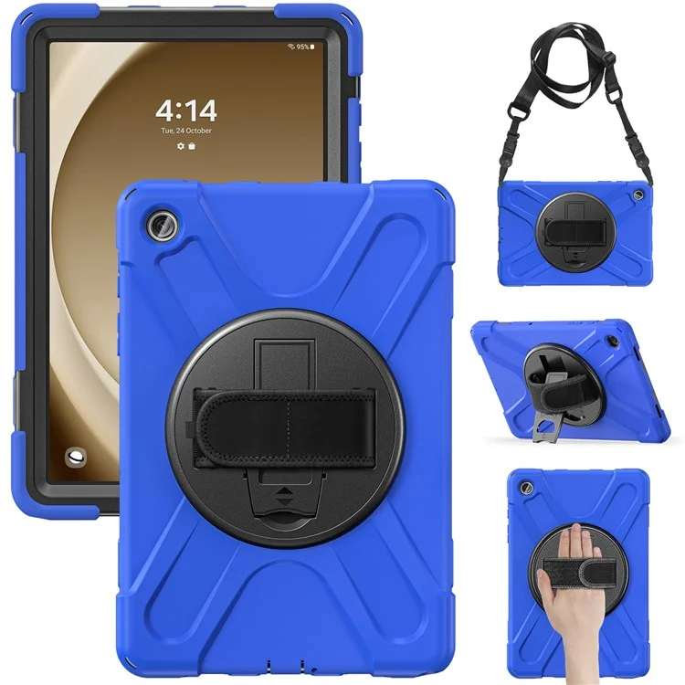 For Samsung Galaxy Tab A9+ Case PC+Silicone Kickstand Tablet Cover with Hand Band / Shoulder Strap - Black-Cellmalls