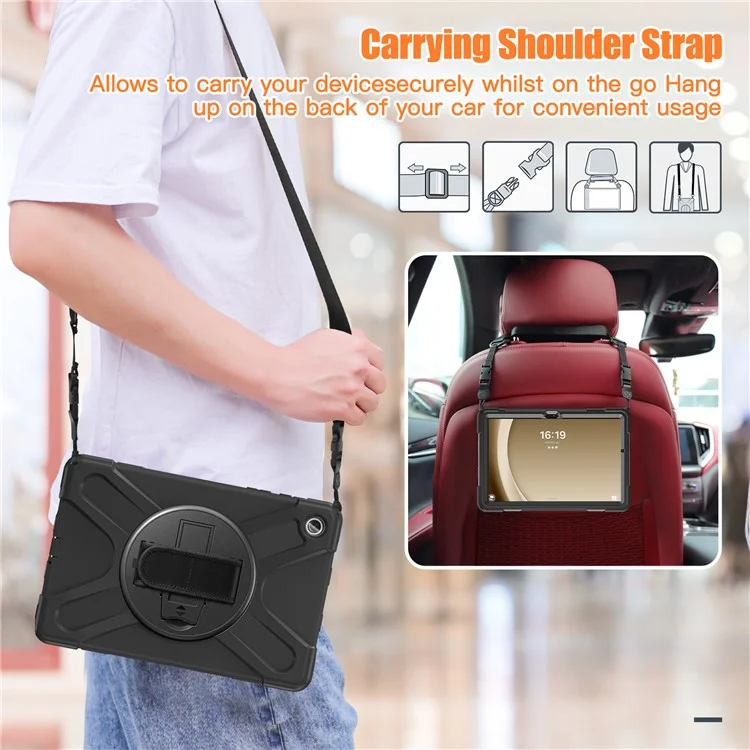 For Samsung Galaxy Tab A9+ Case PC+Silicone Kickstand Tablet Cover with Hand Band / Shoulder Strap - Black-Cellmalls