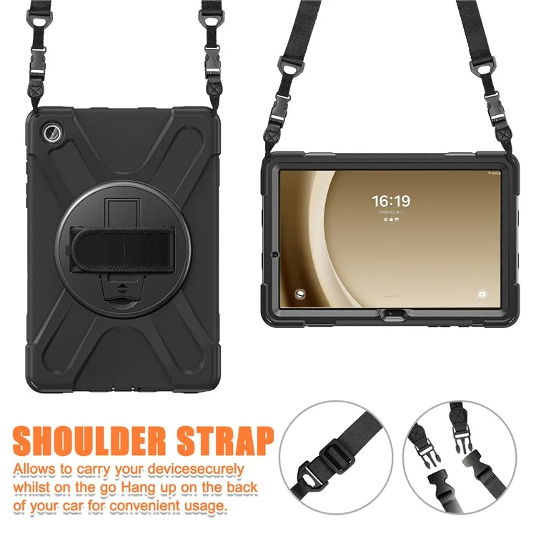 For Samsung Galaxy Tab A9+ Case PC+Silicone Kickstand Tablet Cover with Hand Band / Shoulder Strap - Black-Cellmalls