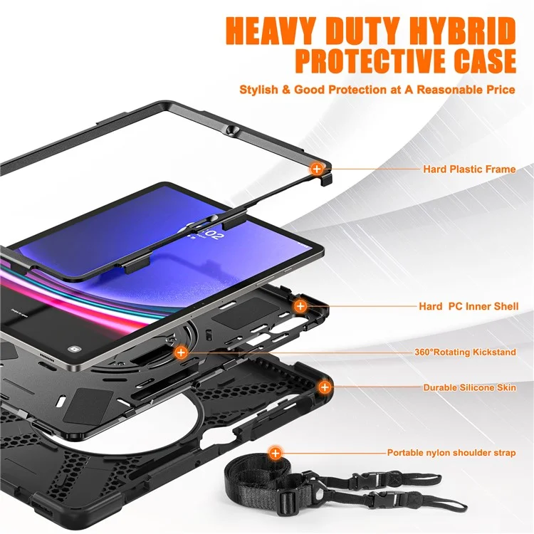 Case for Samsung Galaxy Tab S9 FE+ / S9+ / S8+ / S7+ / S7 FE T730 T735 T736B T736N Tablet Cover with Shoulder Strap - Black+Black-Cellmalls