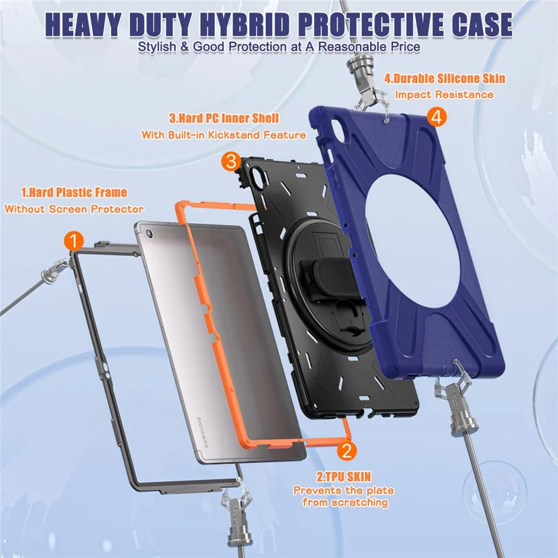 For Samsung Galaxy Tab S10 FE+ SM-X620  /  SM-X626B Kickstand Case TPU PC Silicone Tablet Cover with Shoulder Strap - Navy Blue-Cellmalls