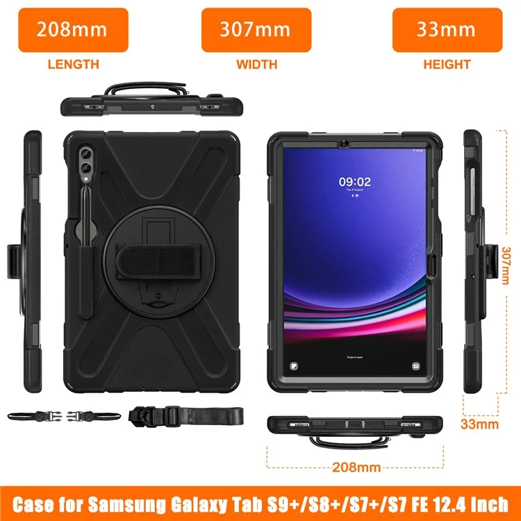 Case for Samsung Galaxy Tab S9 FE+ / S9+ / S8+ / S7+ / S7 FE T730 T735 T736B T736N Tablet Cover with Shoulder Strap - Black+Black-Cellmalls