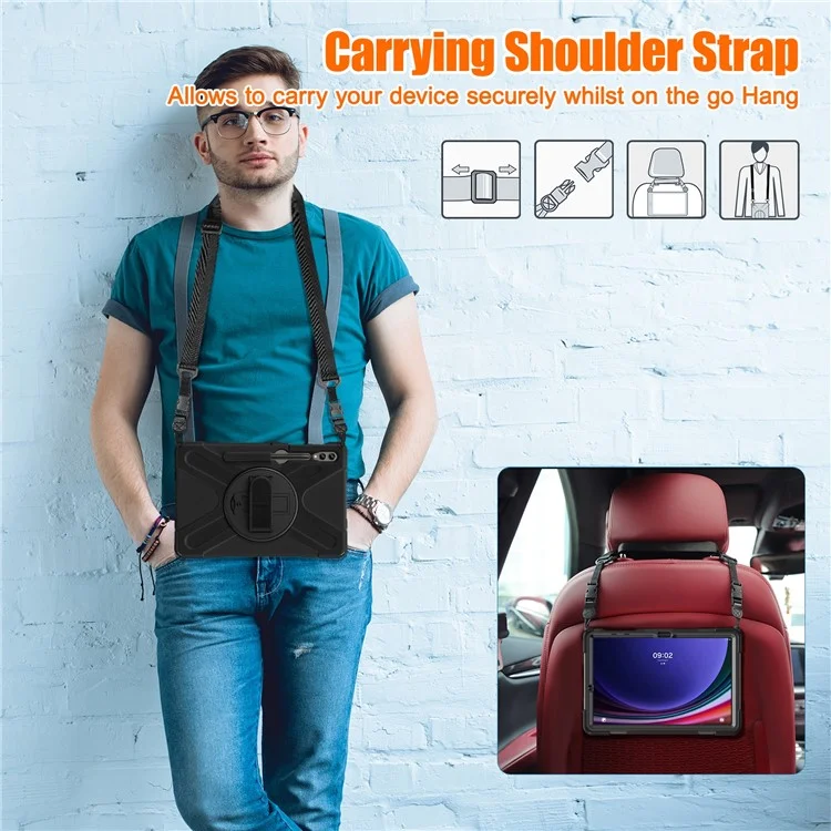 Case for Samsung Galaxy Tab S9 FE+ / S9+ / S8+ / S7+ / S7 FE T730 T735 T736B T736N Tablet Cover with Shoulder Strap - Black+Black-Cellmalls