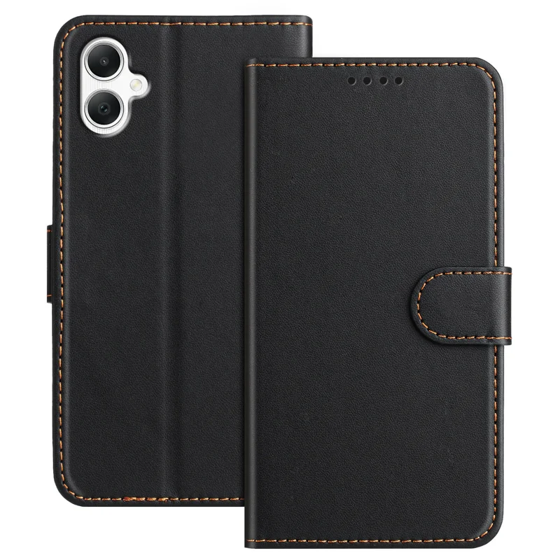 For Samsung Galaxy A07 4G / A06 4G / A06 5G Leather Case Wallet Stand Solid Color Anti Drop Phone Cover - Black-Cellmalls