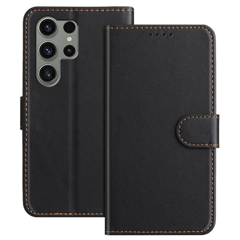 For Samsung Galaxy S23 Ultra Leather Case Wallet Stand Solid Color Anti Drop Phone Cover - Black-Cellmalls