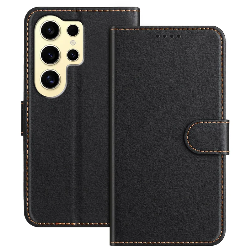 For Samsung Galaxy S24 Ultra Leather Case Wallet Stand Solid Color Anti Drop Phone Cover - Black-Cellmalls