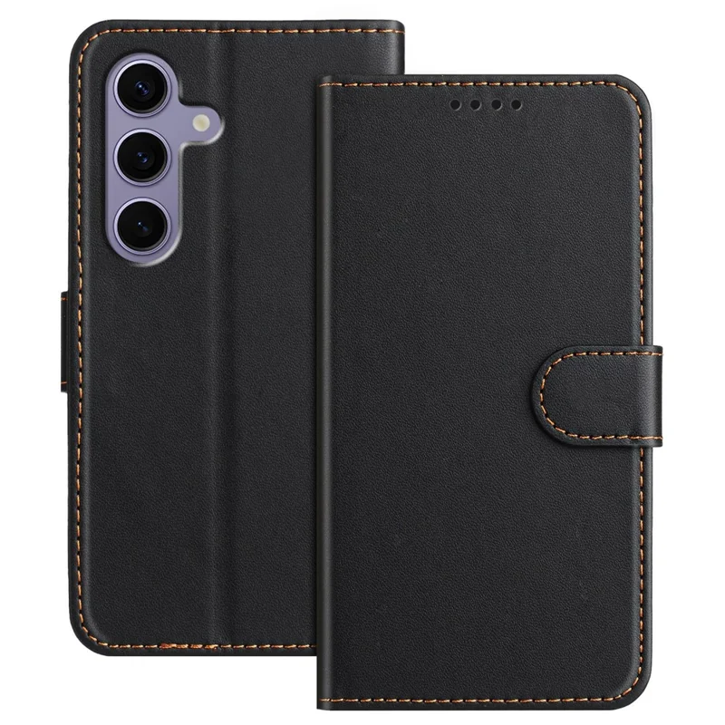 For Samsung Galaxy S25 Leather Case Wallet Stand Solid Color Anti Drop Phone Cover - Black-Cellmalls