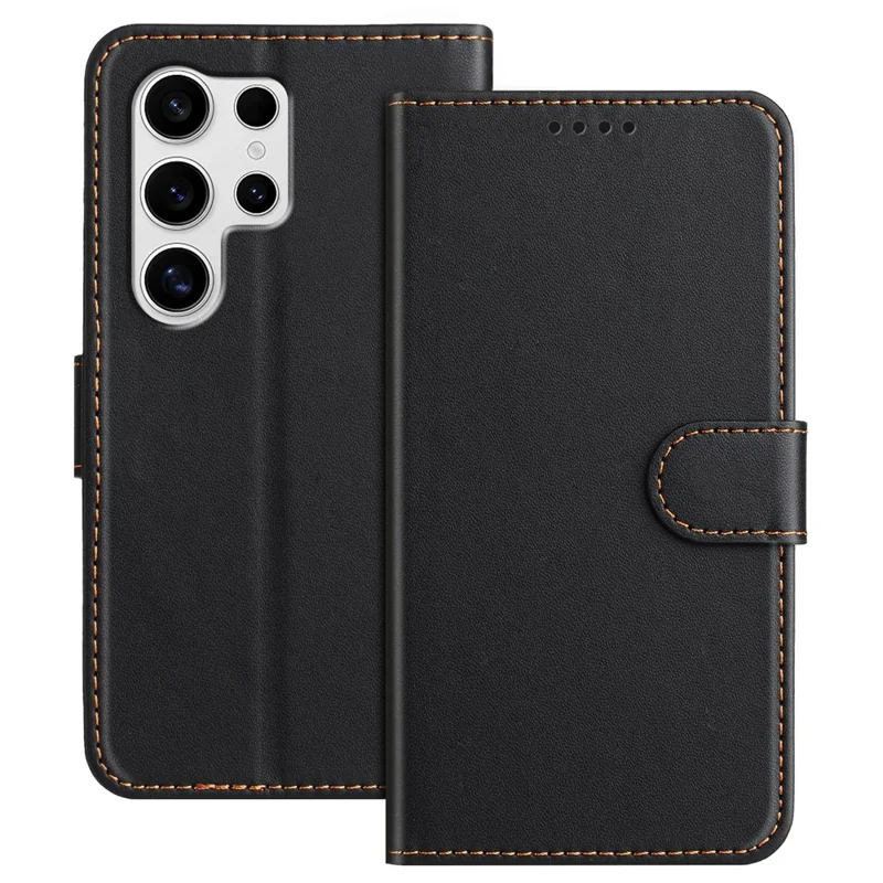 For Samsung Galaxy S25 Ultra Leather Case Wallet Stand Solid Color Anti Drop Phone Cover - Black-Cellmalls