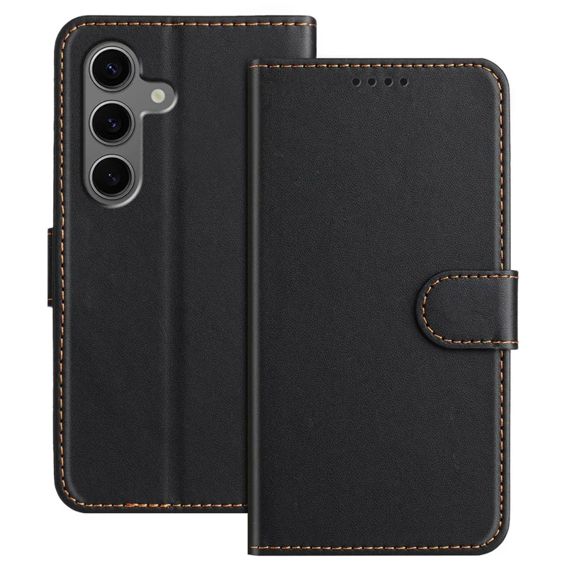 For Samsung Galaxy S25+ Leather Case Wallet Stand Solid Color Anti Drop Phone Cover - Black-Cellmalls