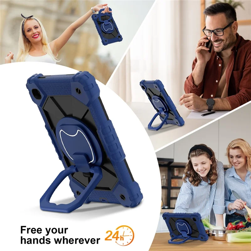 C3 Rugged Case for Samsung Galaxy Tab A7 Lite 8.7-inch T220 / T225 Kickstand Cover with Shoulder Strap - Navy Blue+Black-Cellmalls