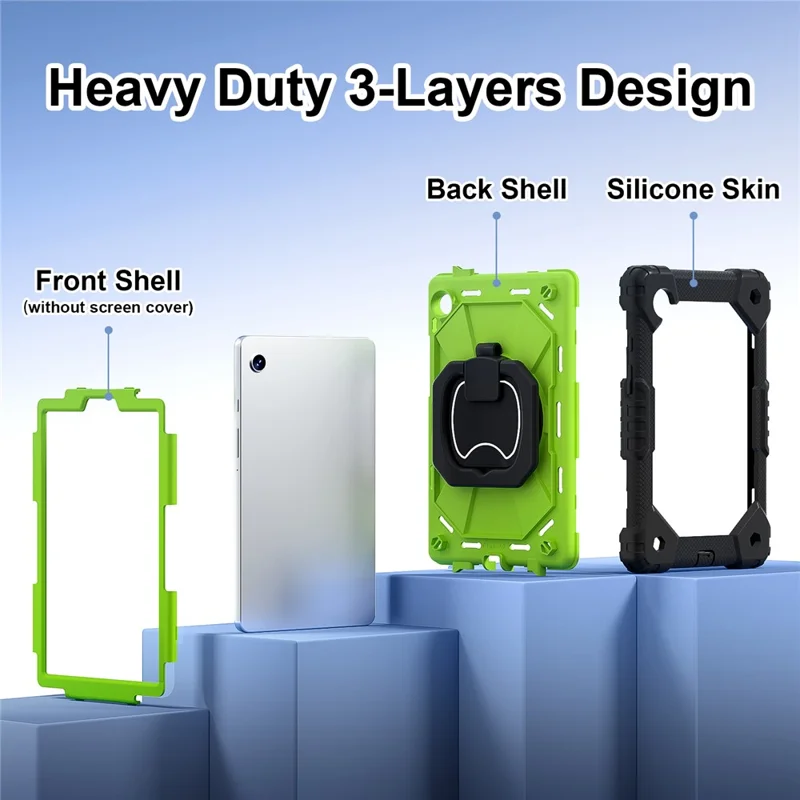 For Samsung Galaxy Tab A9 Kickstand Case PC+Silicone Tablet Cover with Shoulder Strap - Black+Yellowgreen-Cellmalls