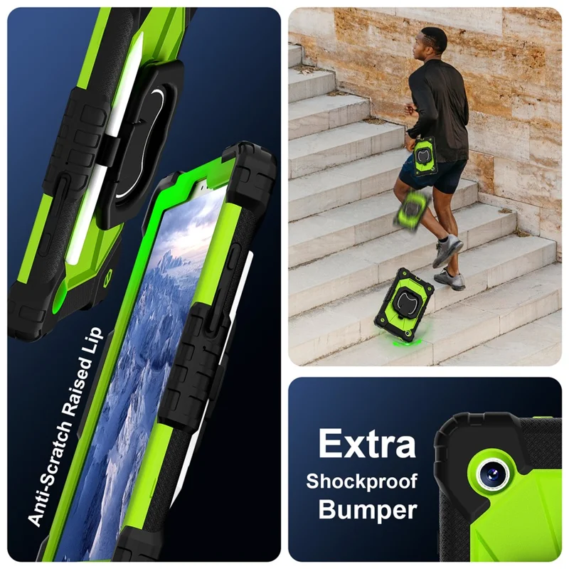 For Samsung Galaxy Tab A9 Kickstand Case PC+Silicone Tablet Cover with Shoulder Strap - Black+Yellowgreen-Cellmalls