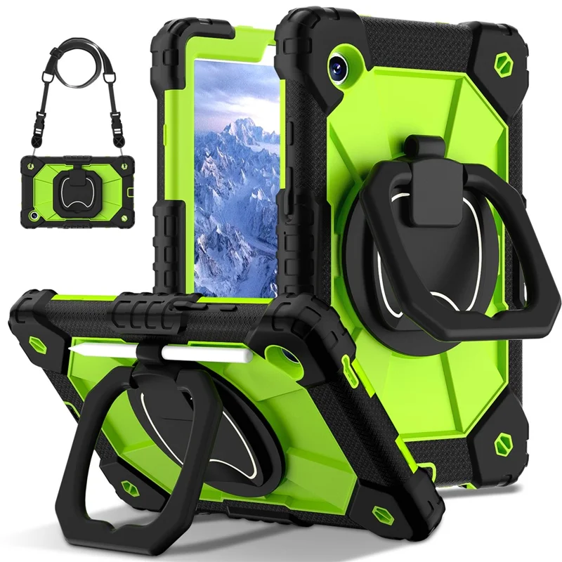 For Samsung Galaxy Tab A9 Kickstand Case PC+Silicone Tablet Cover with Shoulder Strap - Black+Yellowgreen-Cellmalls