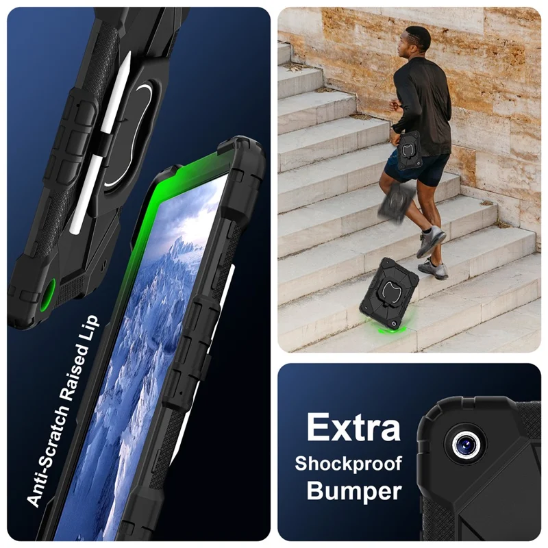 For Samsung Galaxy Tab A9+ Rugged Case Handle Kickstand Tablet Cover with Shoulder Strap - Black+Black-Cellmalls