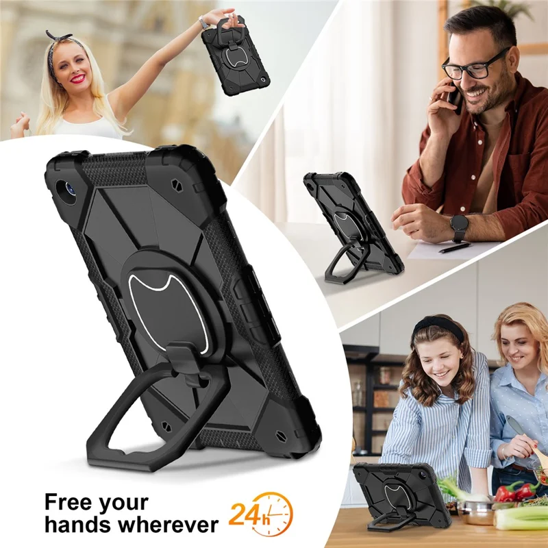For Samsung Galaxy Tab A9+ Rugged Case Handle Kickstand Tablet Cover with Shoulder Strap - Black+Black-Cellmalls