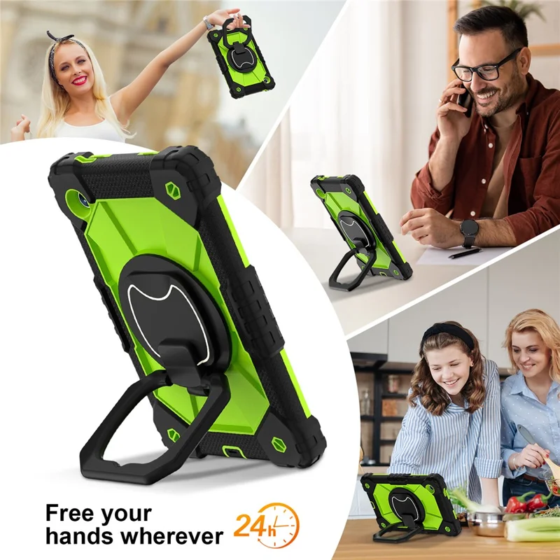 For Samsung Galaxy Tab A9 Kickstand Case PC+Silicone Tablet Cover with Shoulder Strap - Black+Yellowgreen-Cellmalls