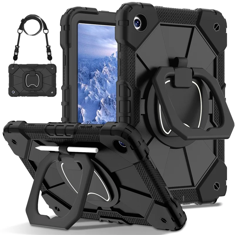 For Samsung Galaxy Tab A9+ Rugged Case Handle Kickstand Tablet Cover with Shoulder Strap - Black+Black-Cellmalls