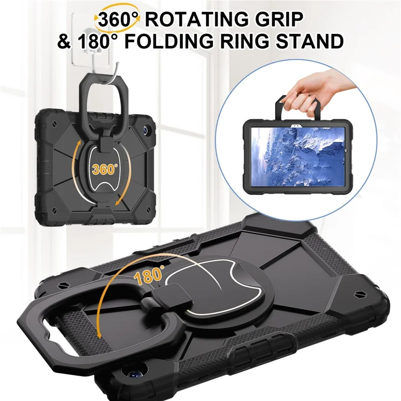 For Samsung Galaxy Tab A9+ Rugged Case Handle Kickstand Tablet Cover with Shoulder Strap - Black+Black-Cellmalls