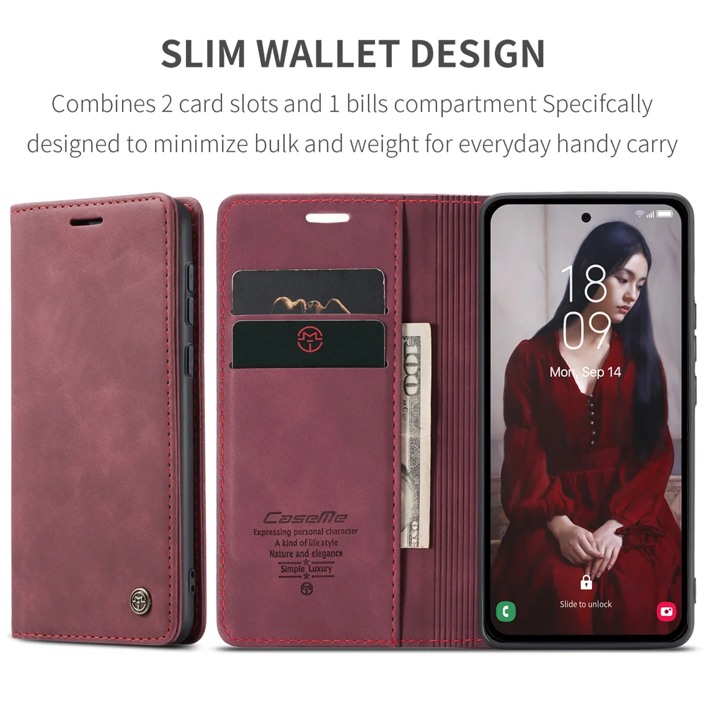For Samsung Galaxy A36 5G Case CASEME 013 Series Card Holder Stand Leather Phone Cover - Red-Cellmalls