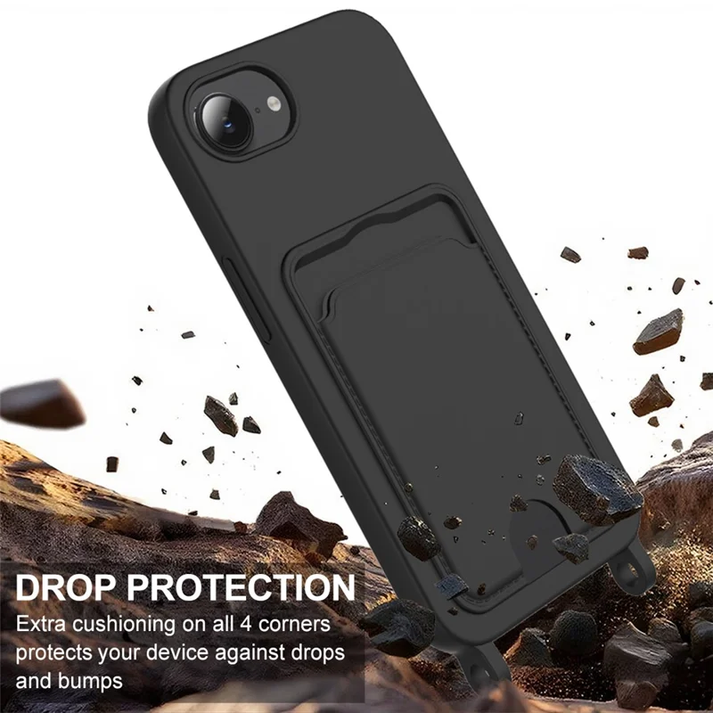 For iPhone 16e Case Liquid Silicone Card Holder Phone Back Cover with Short Strap - Black-Cellmalls