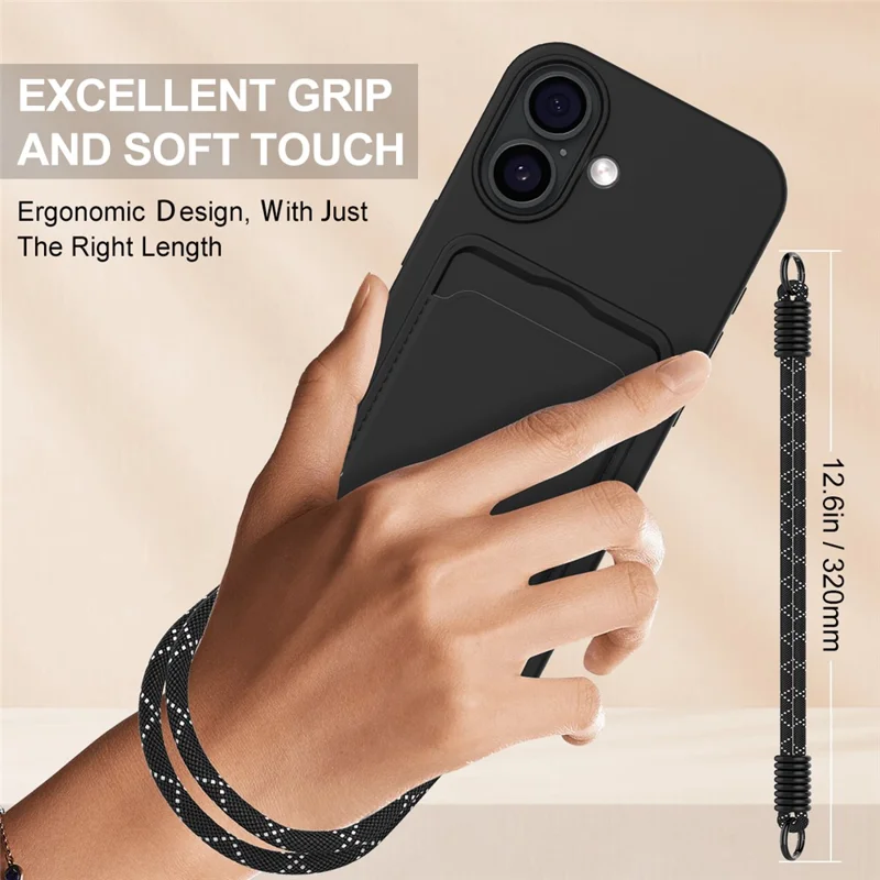 For iPhone 17 Case Liquid Silicone Card Holder Phone Back Cover with Short Strap - Black-Cellmalls