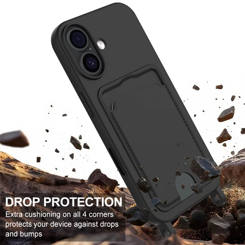 For iPhone 17 Case Liquid Silicone Card Holder Phone Back Cover with Short Strap - Black-Cellmalls